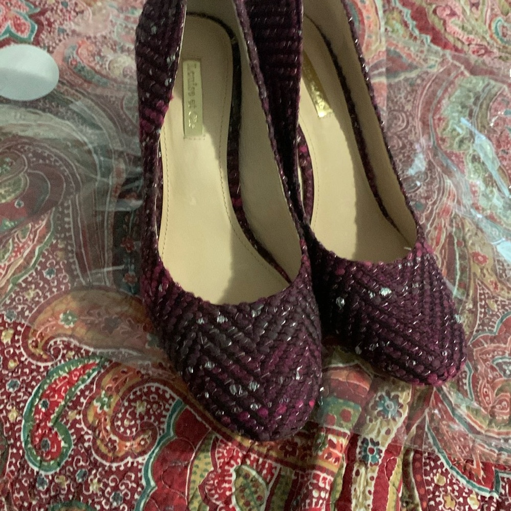 Louise et Cie Jayant Purple Tweed Metallic Fleck Chunky Flared Heels Pumps Sz 8
